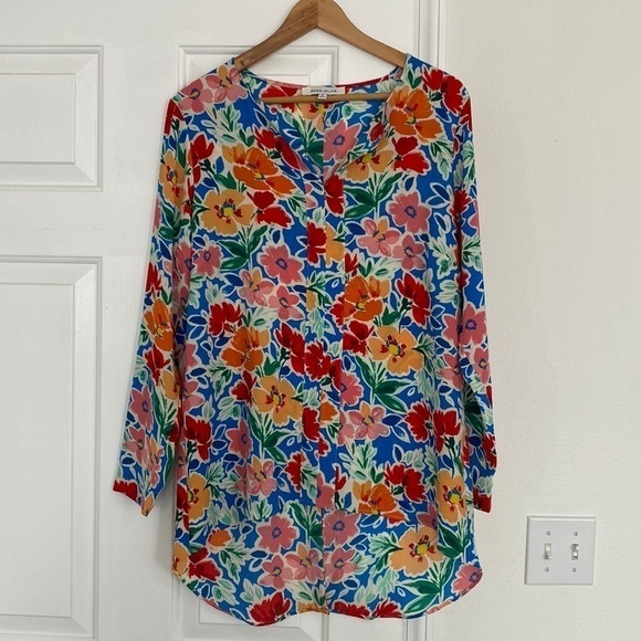 Floral Rose + Olive tropical tunic top with tuxedo back. - Picture 1 of 13
